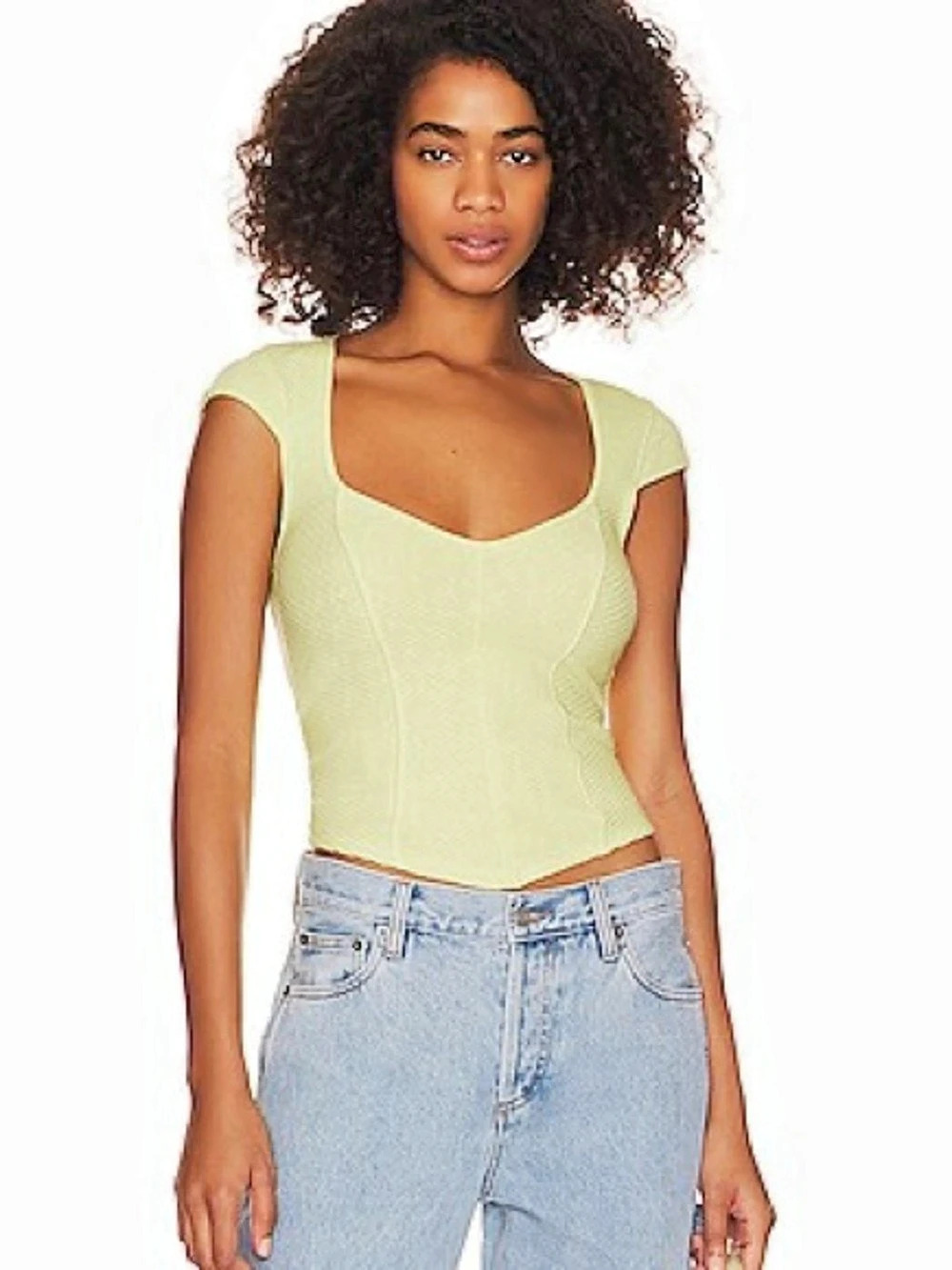 Free People Duo Corset Cami Ribbed Plunging V-Neck Balletcore Green Like New XS